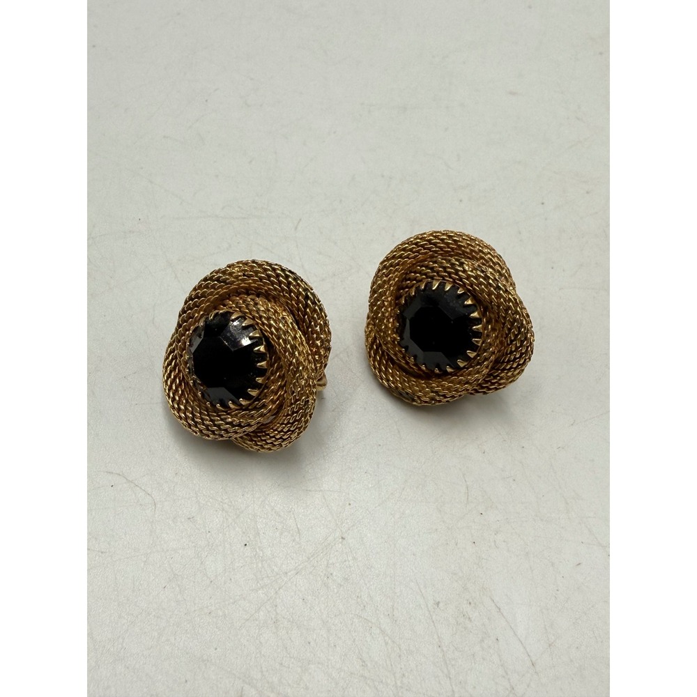 Vintage Gold Tone Mesh Knot Clip On Earrings Black Faceted Stone Center